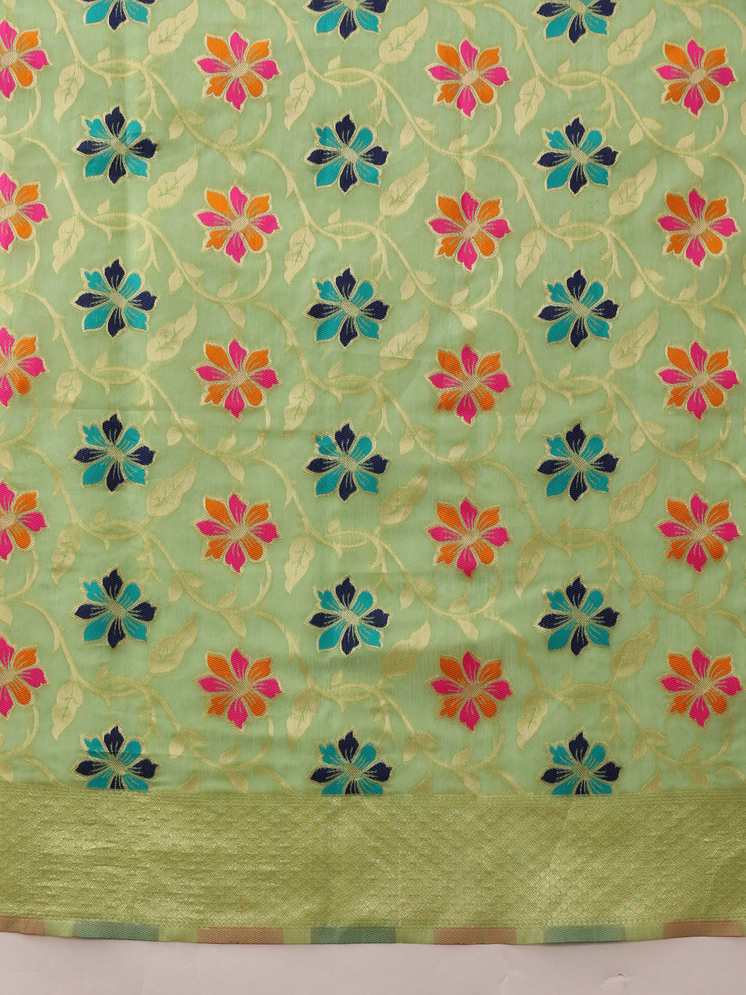 Lime Green Jamdani Cotton Saree with Floral Woven Thread