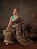Brown Jamdani cotton saree with floral woven thread work