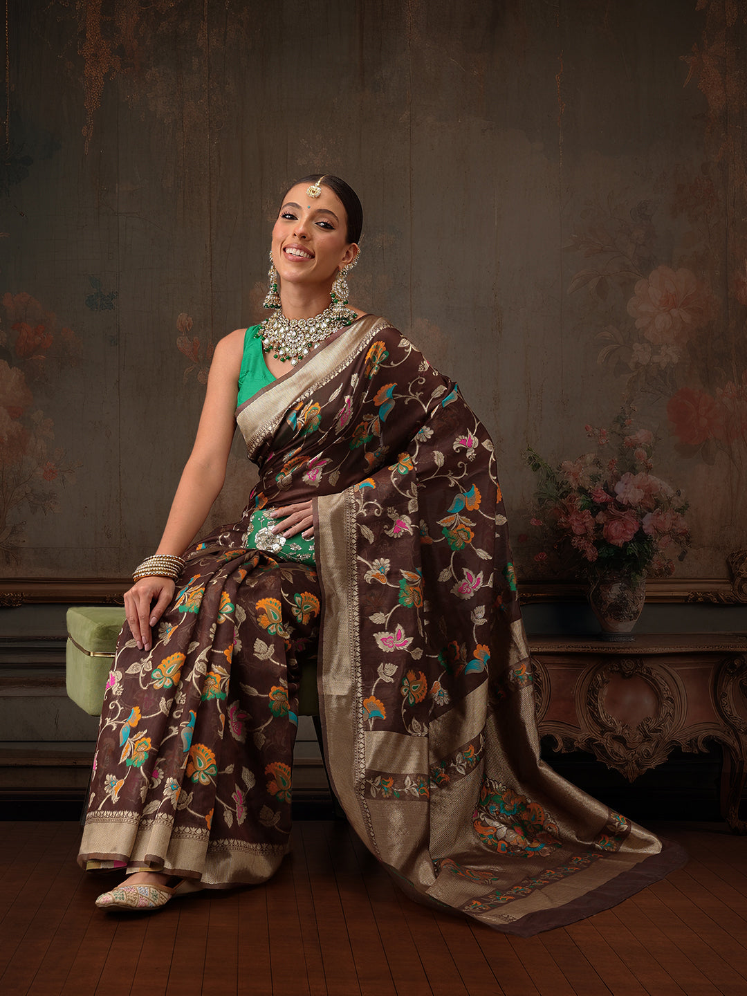Brown Jamdani cotton saree with floral woven thread work