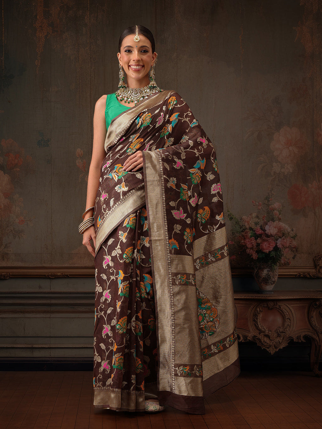 Brown Jamdani Cotton Saree with Floral Woven Thread Design