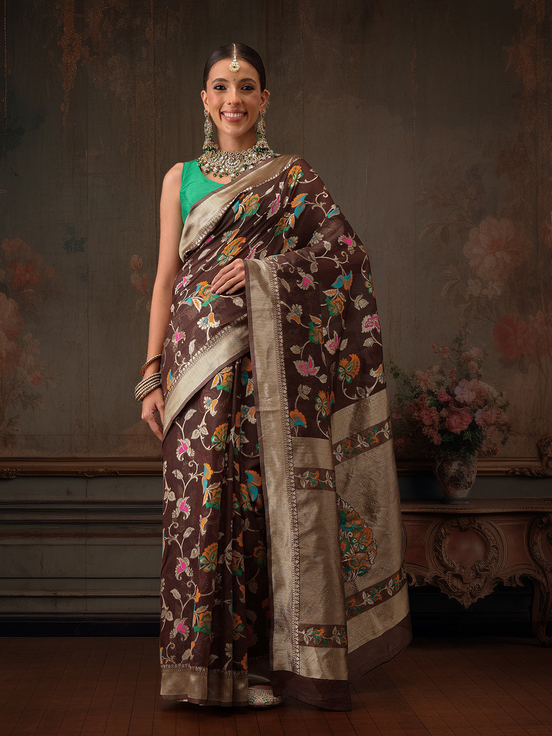 Brown Jamdani Cotton Saree with Floral Woven Thread Design