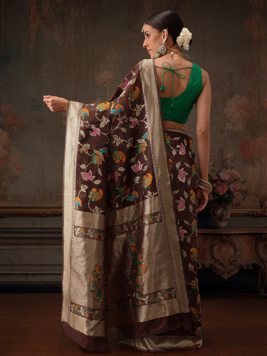 Brown Jamdani Cotton Saree with Floral Woven Thread Design