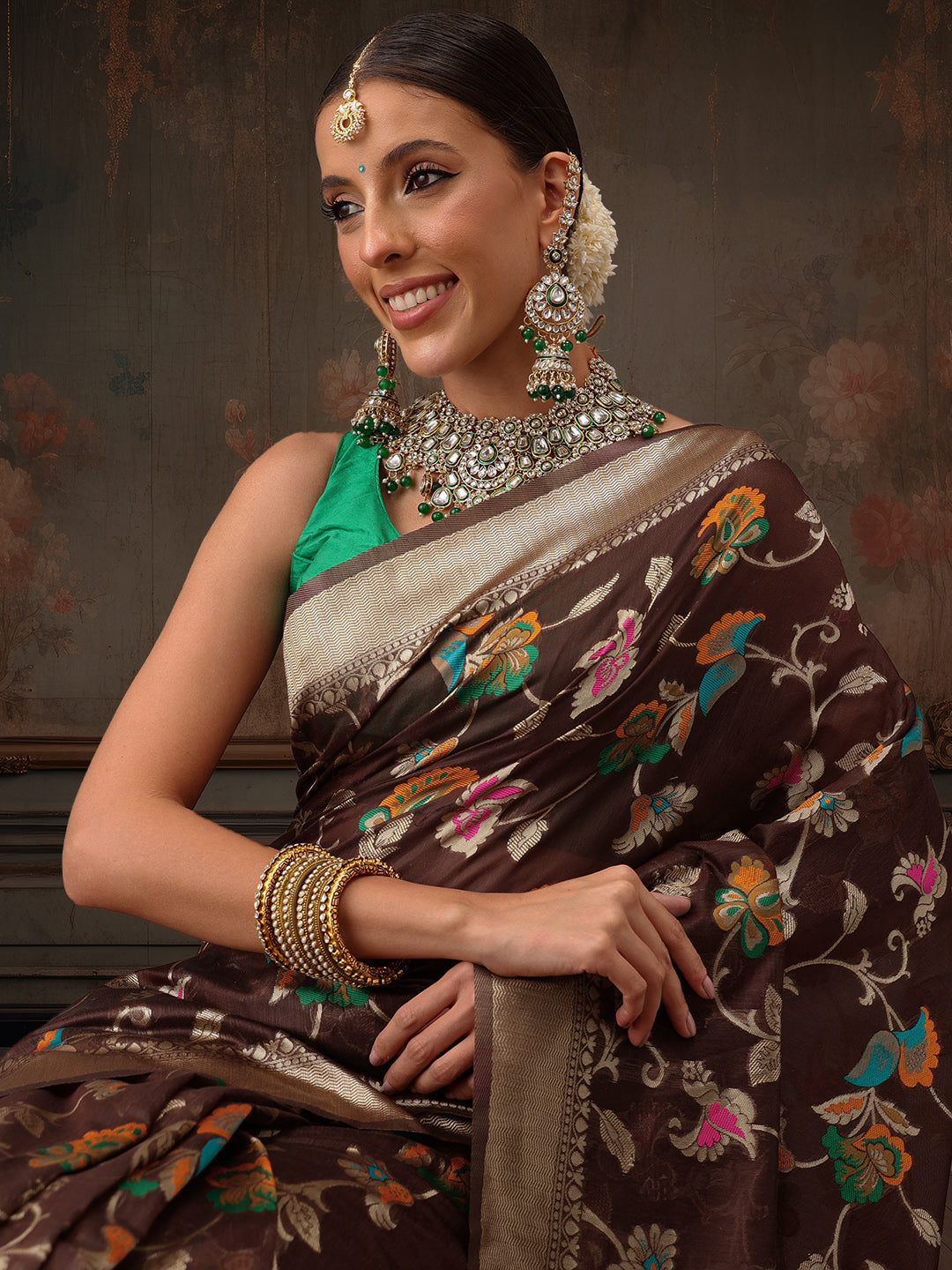 Brown Jamdani Cotton Saree with Floral Woven Thread Design