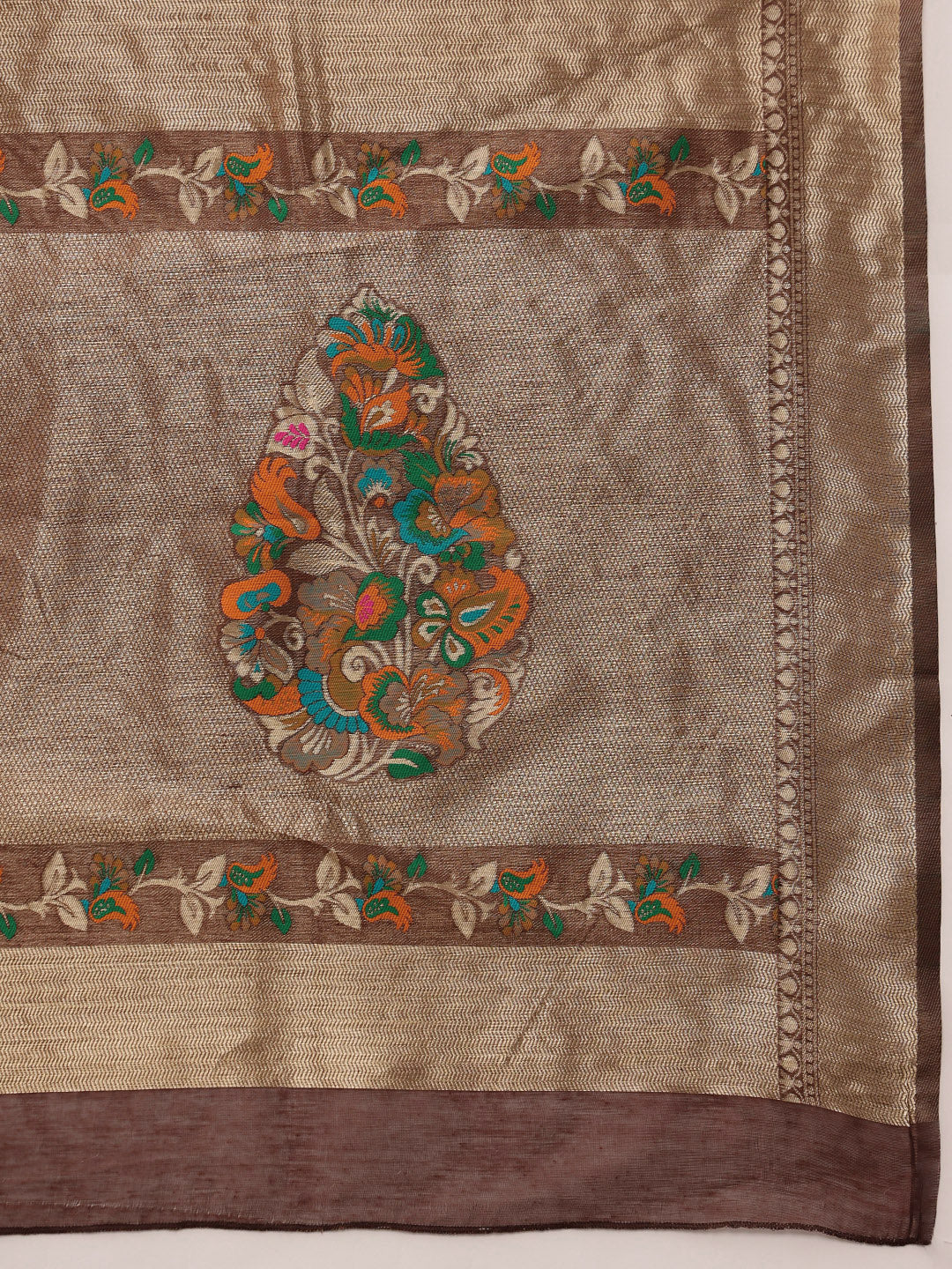 Brown Jamdani Cotton Saree with Floral Woven Thread Design
