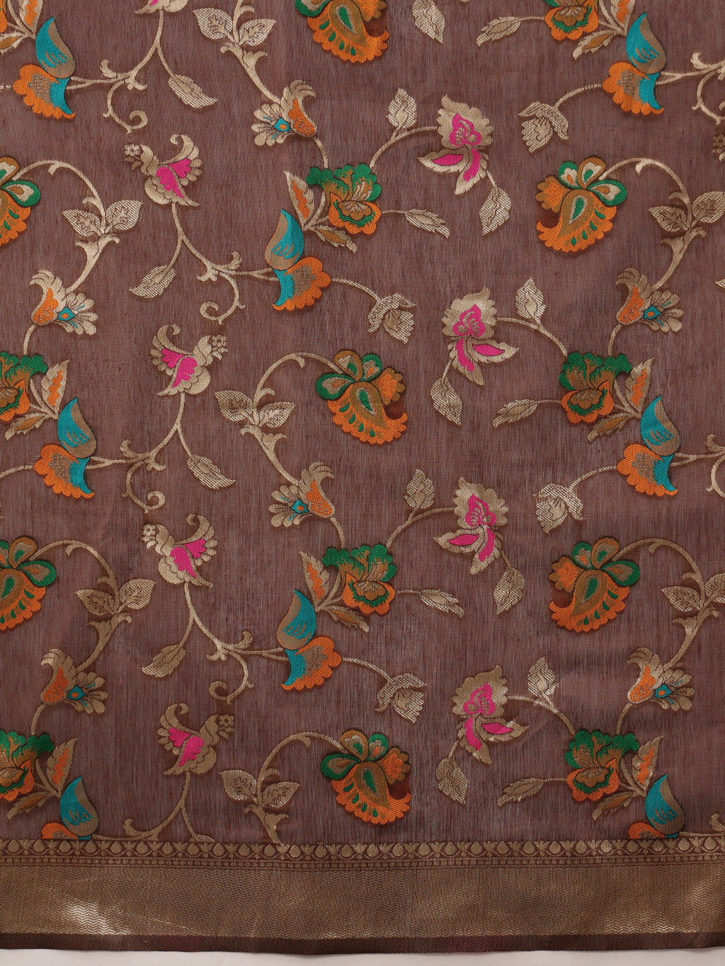 Brown Jamdani Cotton Saree with Floral Woven Thread Design