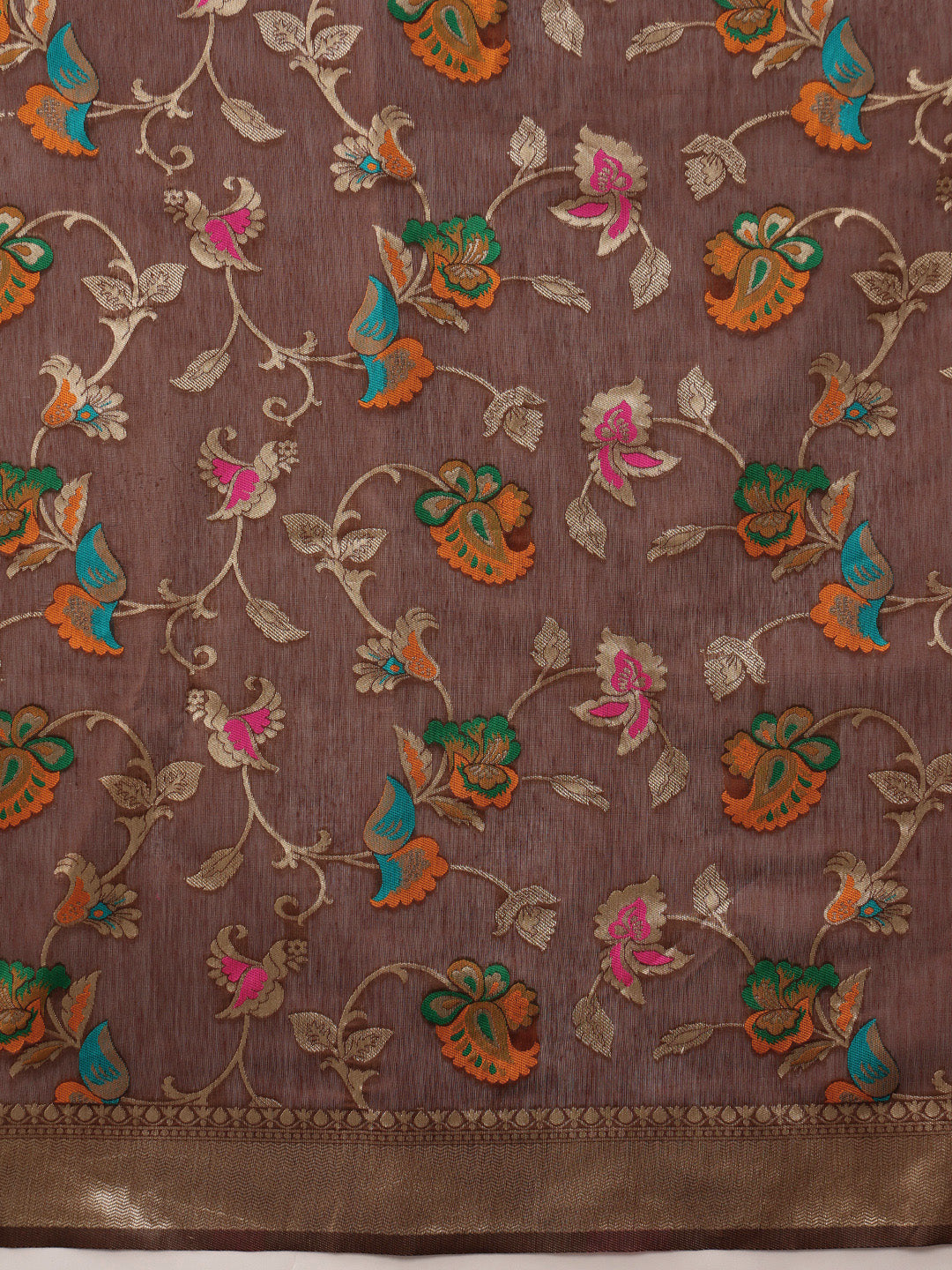 Brown Jamdani Cotton Saree with Floral Woven Thread Design