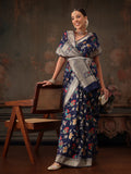 Navy Blue Jamdani Cotton saree with detailed floral woven thread work
