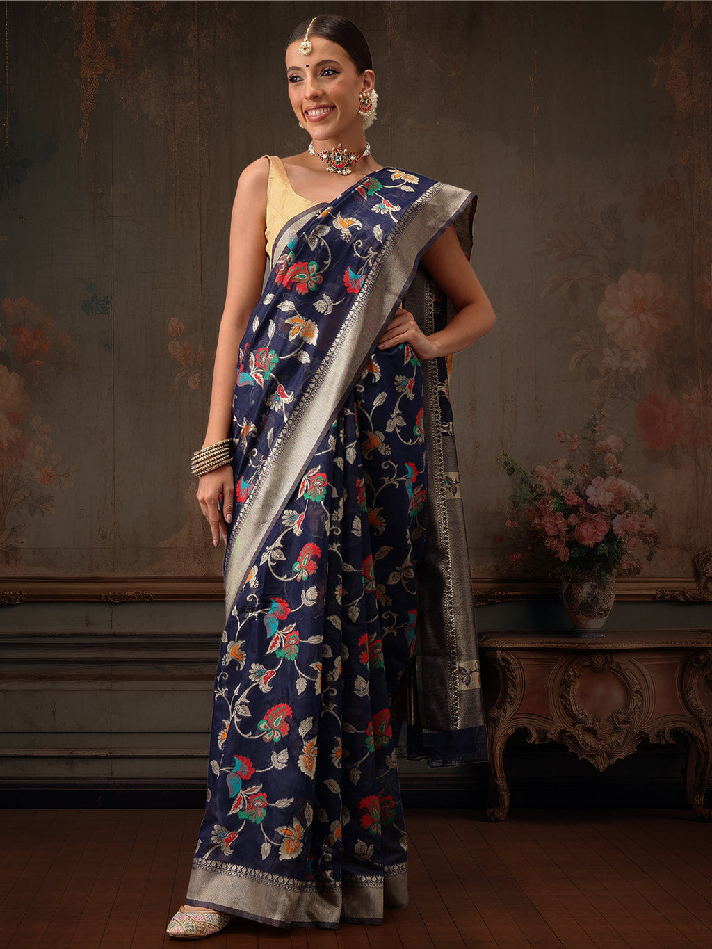 Navy Blue Jamdani Cotton Saree with Floral Woven Threads