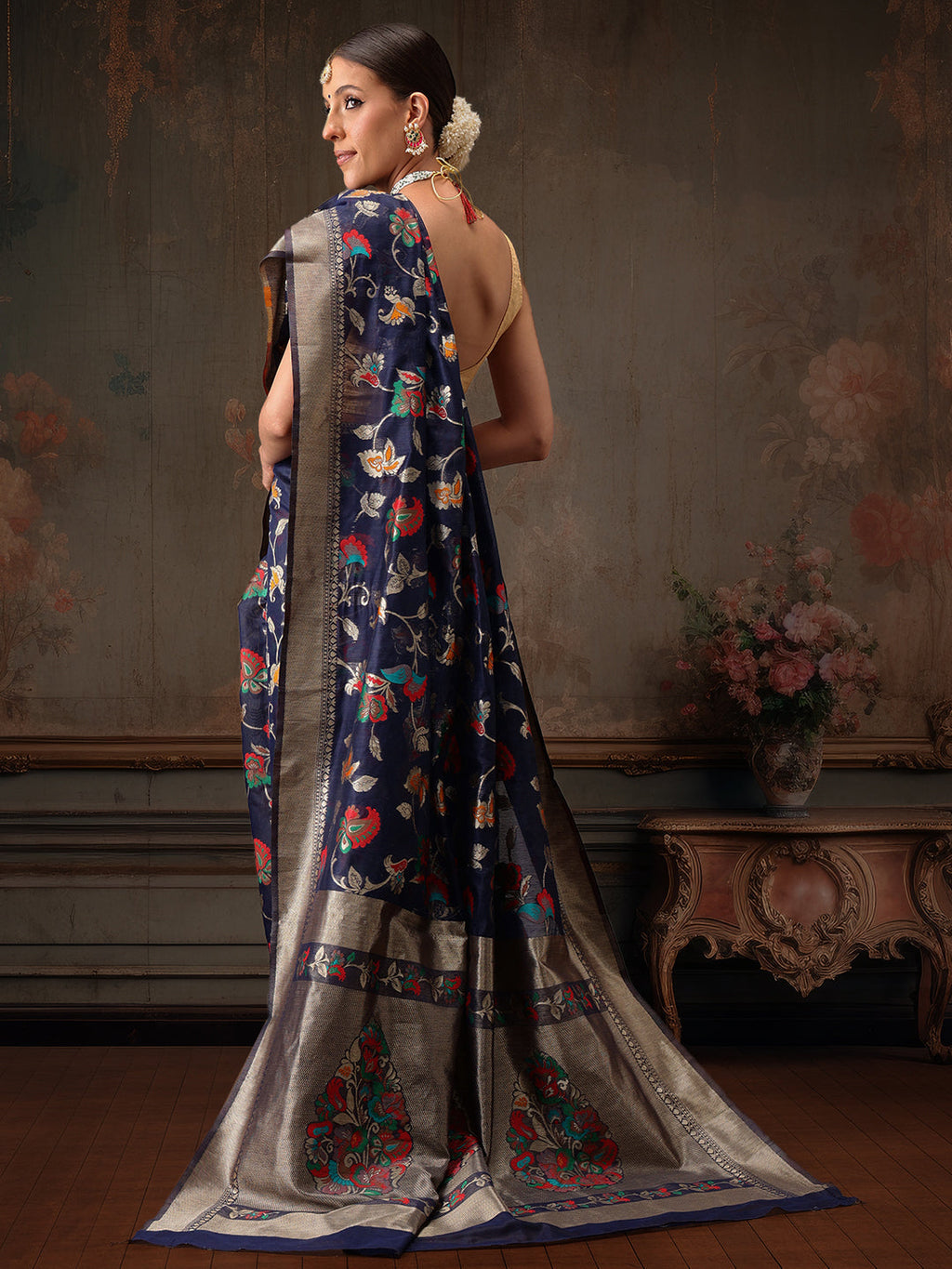 Navy Blue Jamdani Cotton Saree with Floral Woven Threads