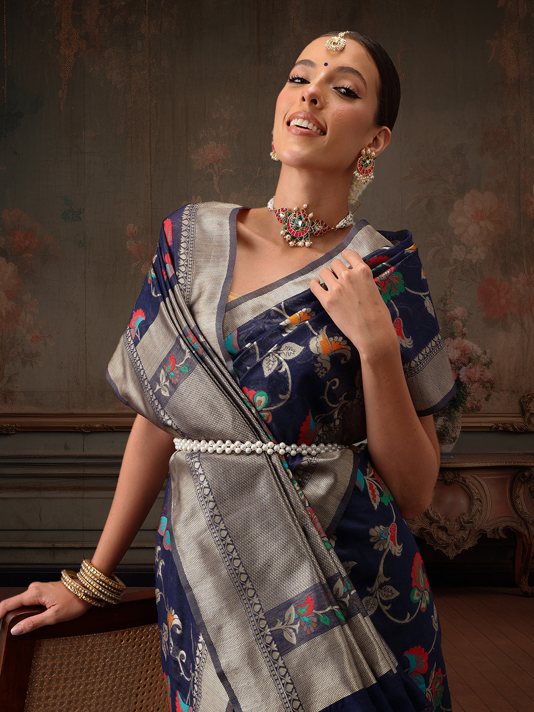 Navy Blue Jamdani Cotton Saree with Floral Woven Threads