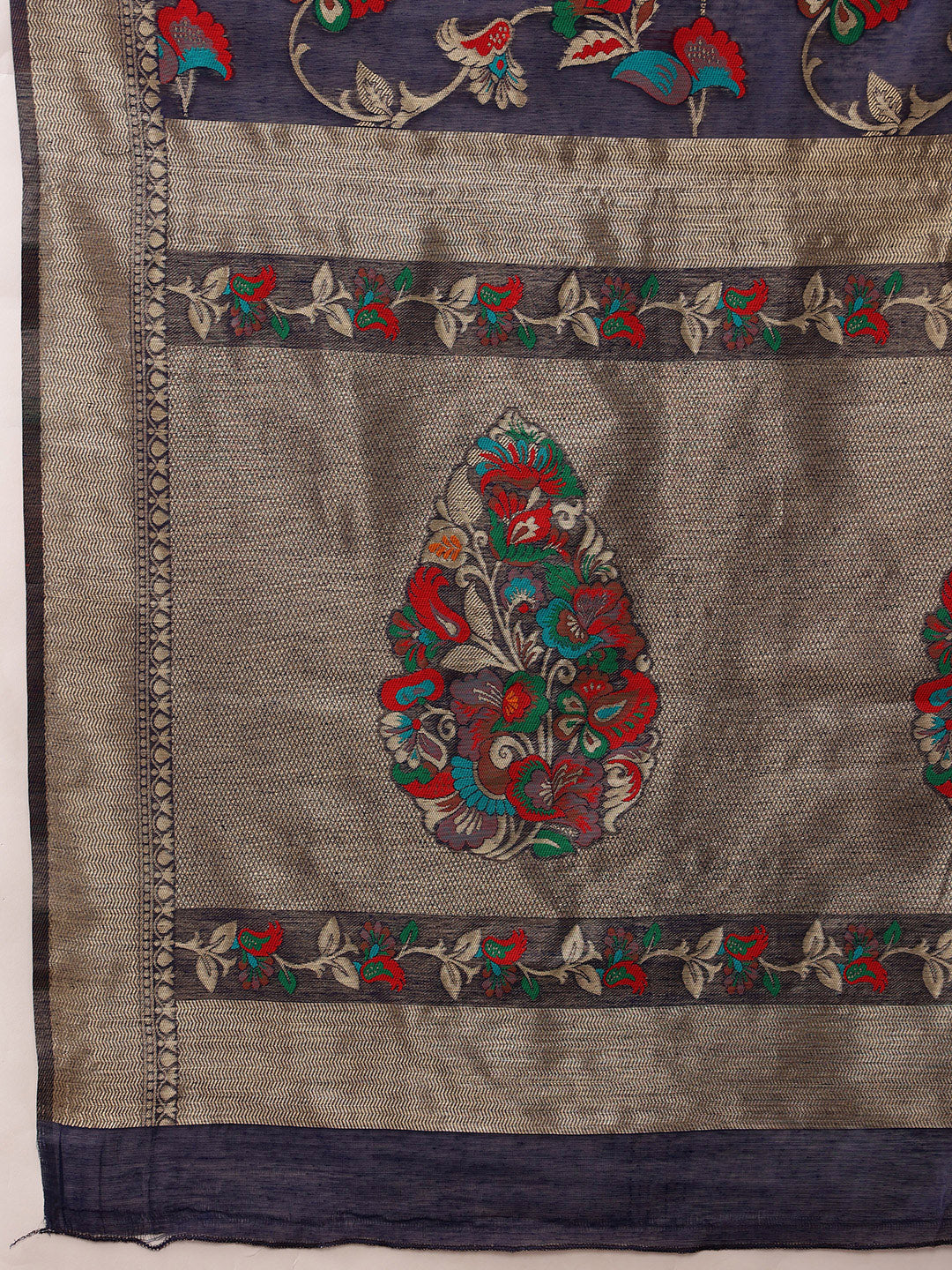 Navy Blue Jamdani Cotton Saree with Floral Woven Threads