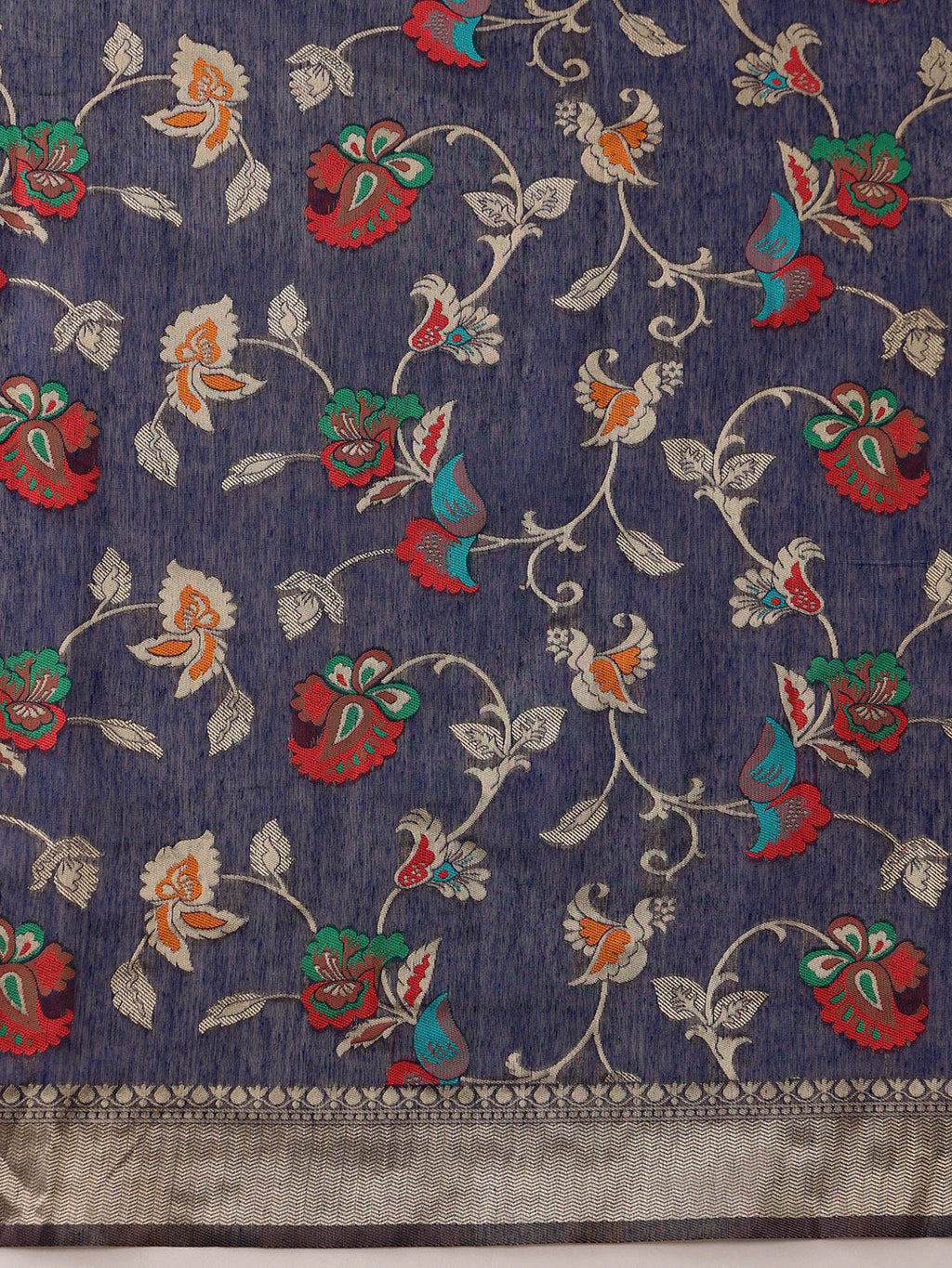 Navy Blue Jamdani Cotton Saree with Floral Woven Threads