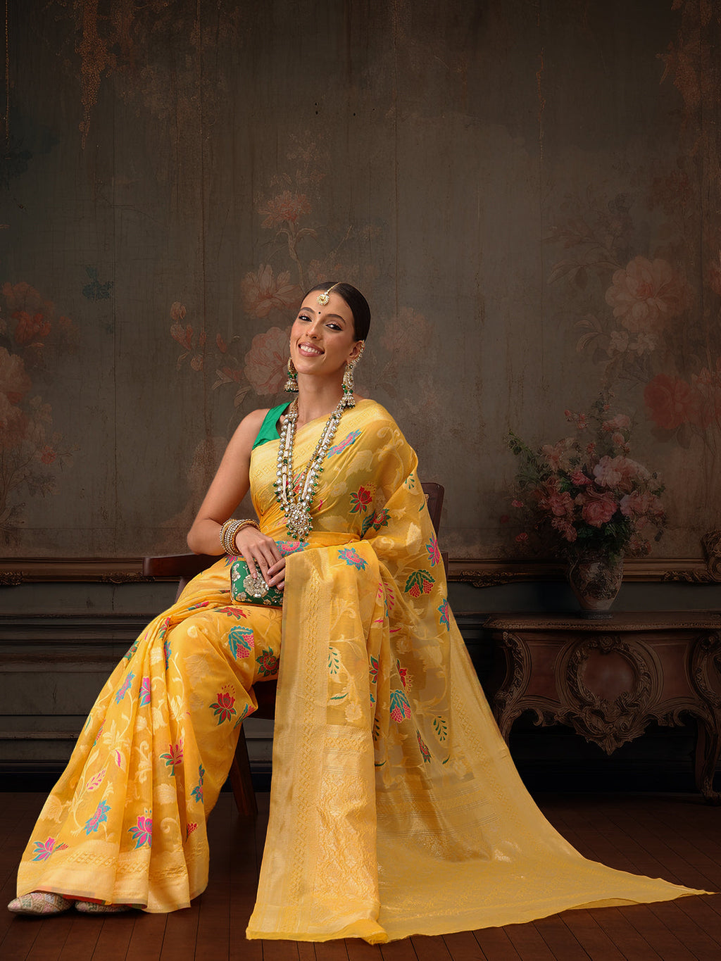 Mustard Jamdani Cotton Saree with Floral Woven Thread Work