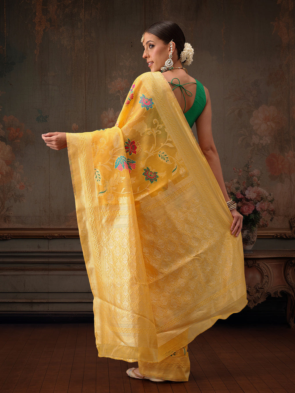 Mustard Jamdani Cotton Saree with Floral Woven Thread Work