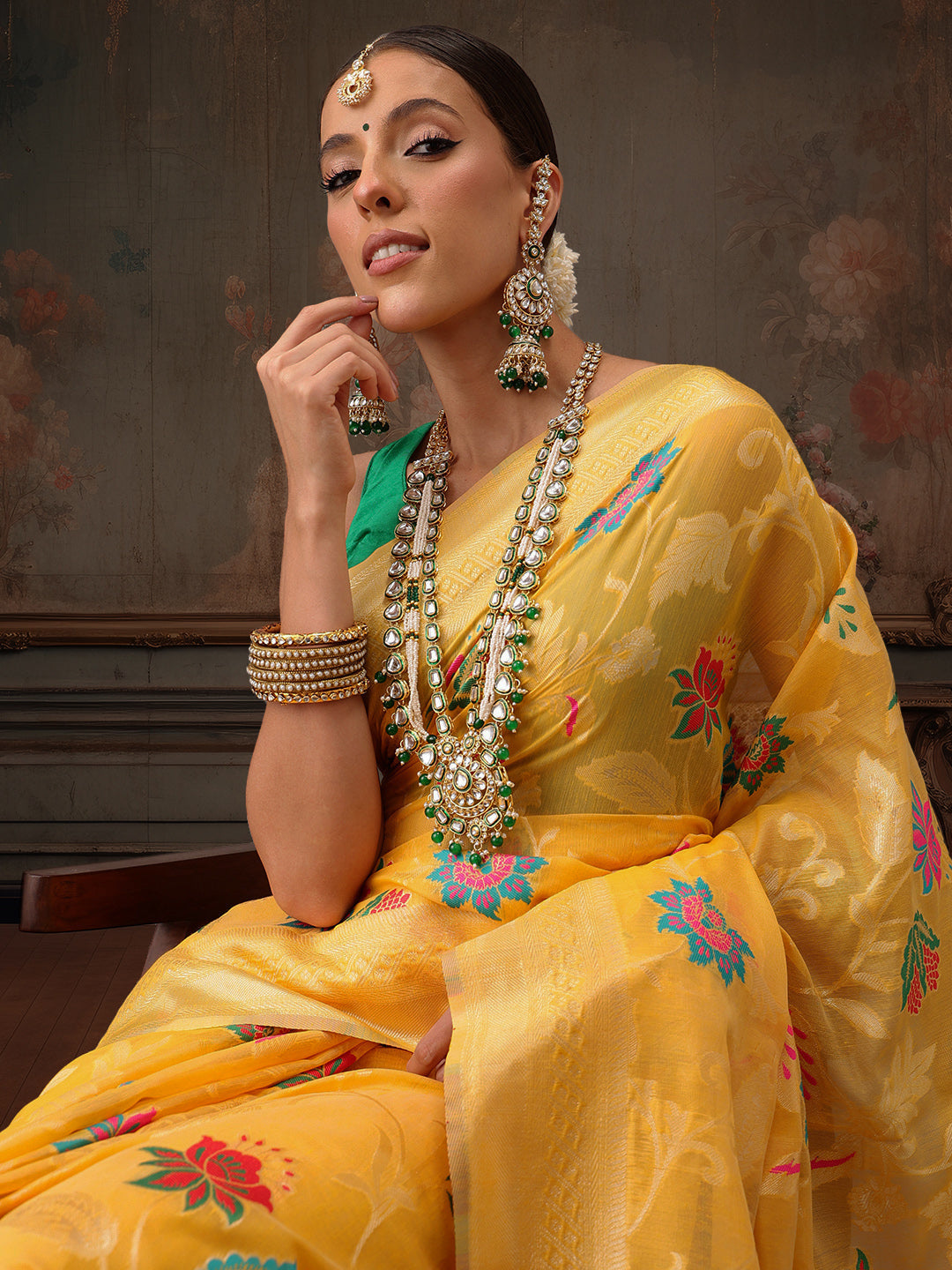 Mustard Jamdani Cotton Saree with Floral Woven Thread Work
