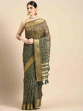 Black silk cotton saree with floral print and unstitched blouse piece