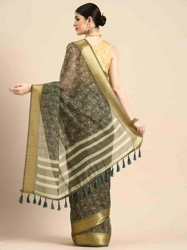 Black Silk Cotton Printed Floral Saree with Unstitched Blouse