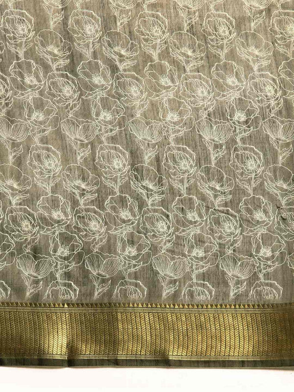 Black Silk Cotton Printed Floral Saree with Unstitched Blouse