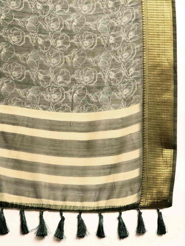 Black Silk Cotton Printed Floral Saree with Unstitched Blouse