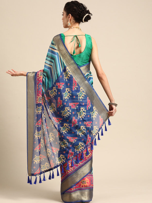 Blue Silk Cotton Striped Saree with Unstitched Blouse