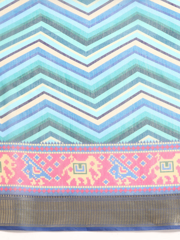 Blue Silk Cotton Striped Saree with Unstitched Blouse