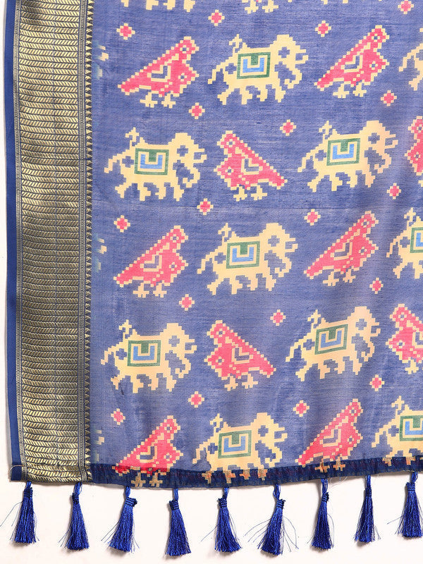 Blue Silk Cotton Striped Saree with Unstitched Blouse