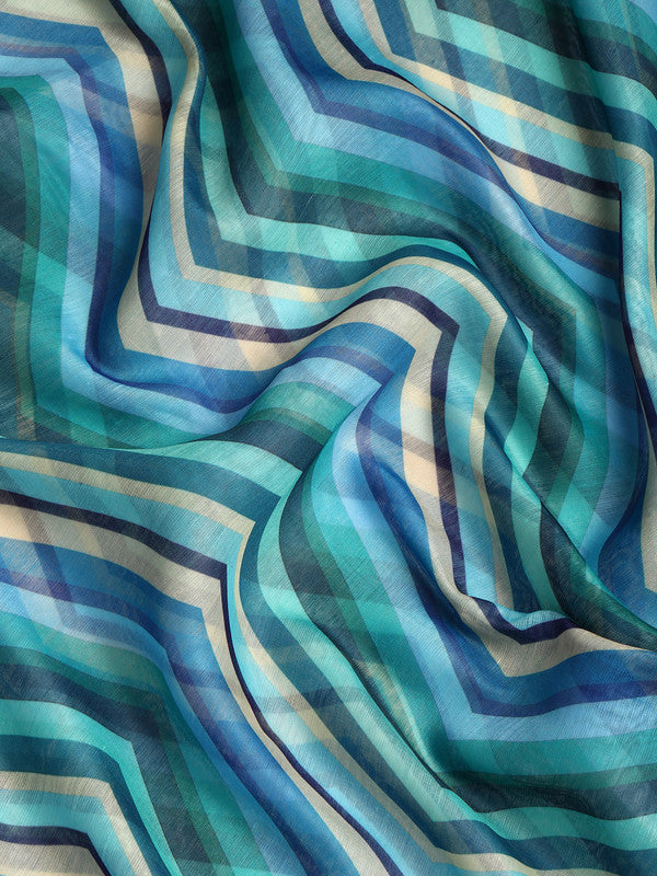 Blue Silk Cotton Striped Saree with Unstitched Blouse
