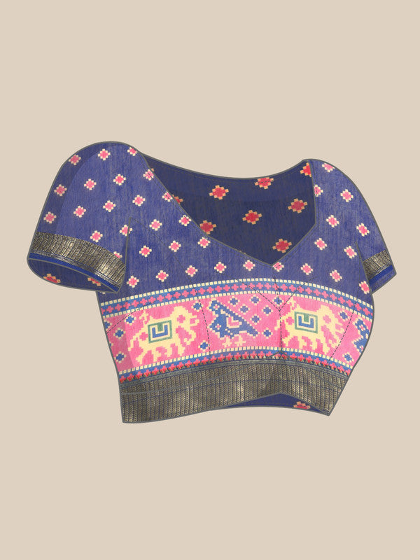 Blue Silk Cotton Striped Saree with Unstitched Blouse