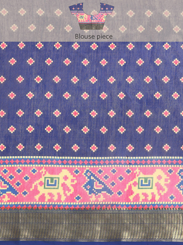 Blue Silk Cotton Striped Saree with Unstitched Blouse