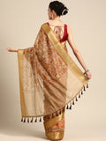 Brown Silk Cotton Printed Floral Saree with Unstitched Blouse