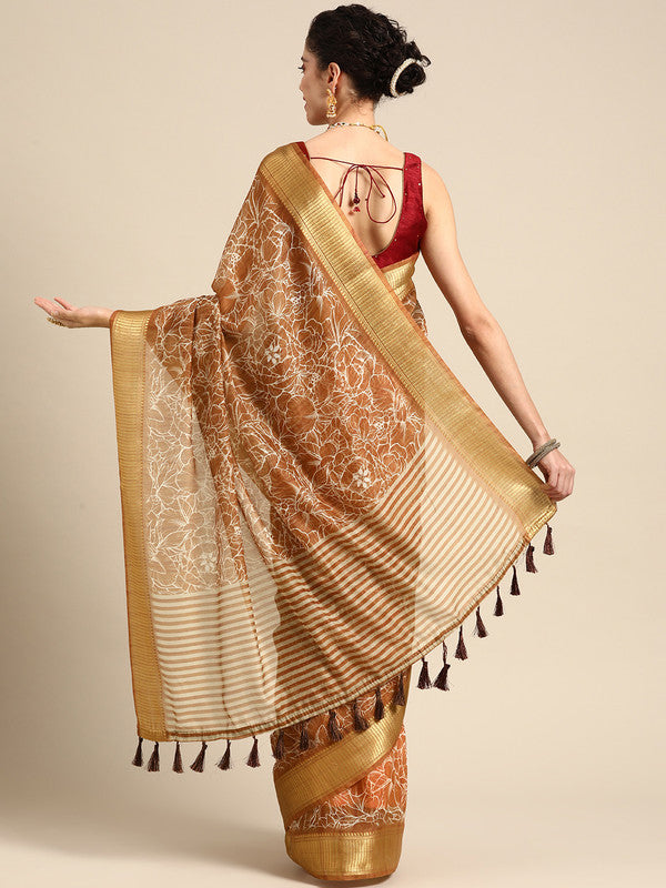 Brown Silk Cotton Printed Floral Saree with Unstitched Blouse