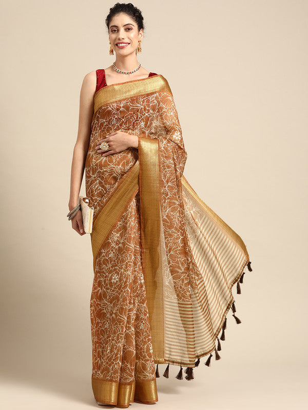Brown silk cotton floral printed saree with matching unstitched blouse