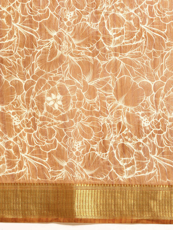Brown Silk Cotton Printed Floral Saree with Unstitched Blouse