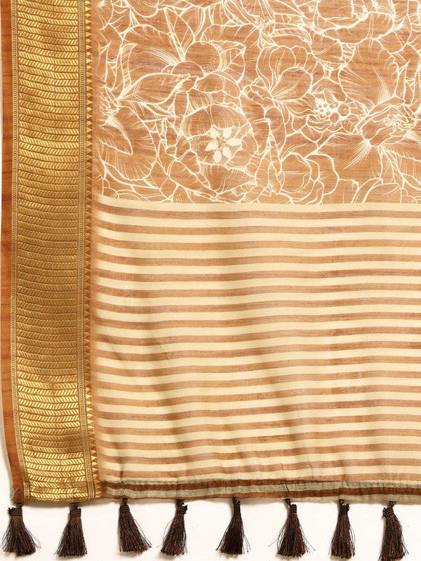 Brown Silk Cotton Printed Floral Saree with Unstitched Blouse
