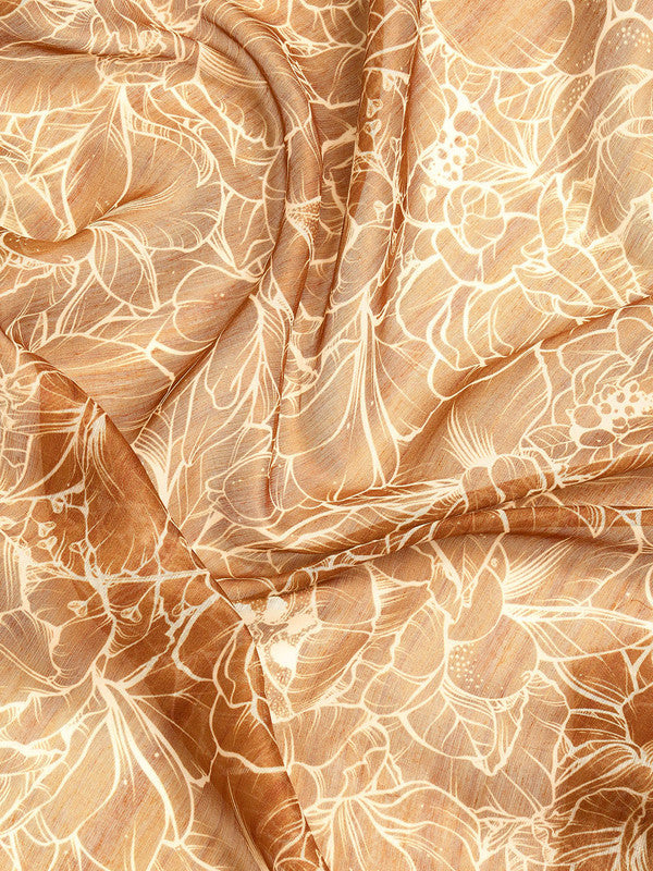 Brown Silk Cotton Printed Floral Saree with Unstitched Blouse