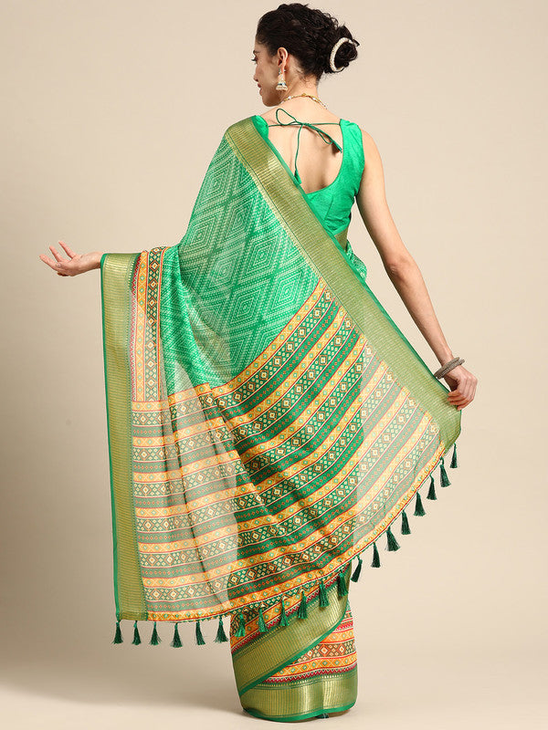 Green Silk Cotton Geometric Print Saree with Unstitched Blouse