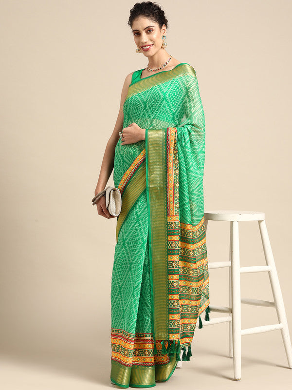 Green silk cotton saree with geometric prints and unstitched blouse