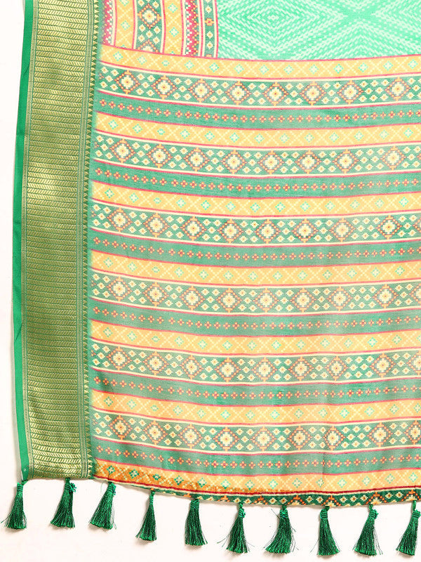 Green Silk Cotton Geometric Print Saree with Unstitched Blouse
