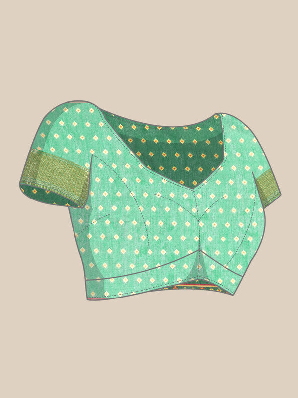 Green Silk Cotton Geometric Print Saree with Unstitched Blouse
