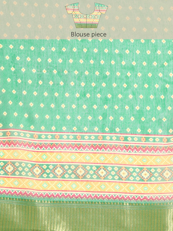 Green Silk Cotton Geometric Print Saree with Unstitched Blouse