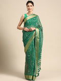 Green silk cotton saree with floral print and unstitched blouse