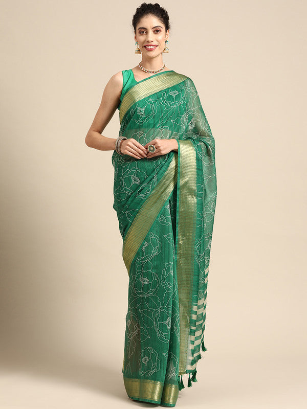 Green silk cotton saree with floral print and unstitched blouse