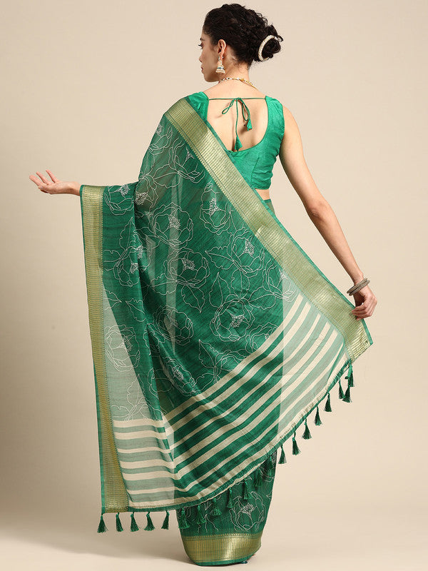 Green Silk Cotton Saree with Printed Floral Patterns and Blouse