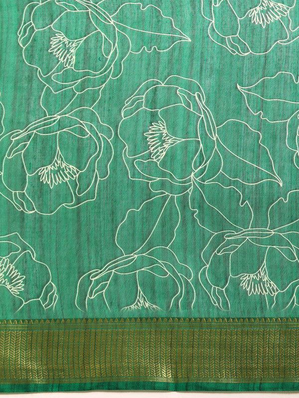 Green Silk Cotton Saree with Printed Floral Patterns and Blouse