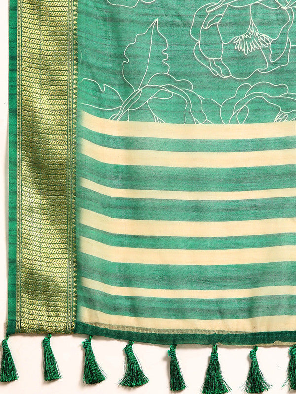 Green Silk Cotton Saree with Printed Floral Patterns and Blouse