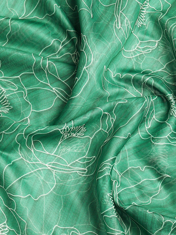 Green Silk Cotton Saree with Printed Floral Patterns and Blouse