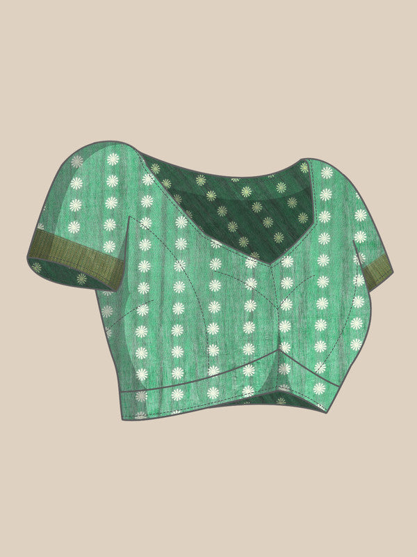 Green Silk Cotton Saree with Printed Floral Patterns and Blouse