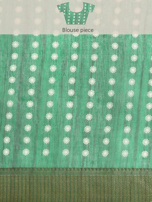 Green Silk Cotton Saree with Printed Floral Patterns and Blouse