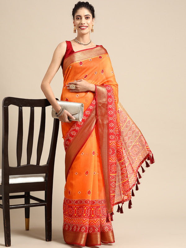 Mustard silk cotton floral saree with matching unstitched blouse piece