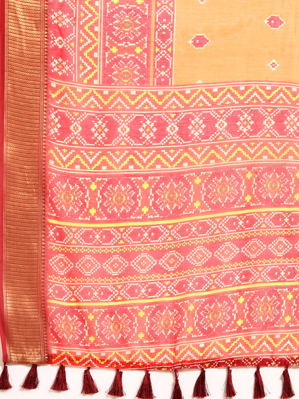 Mustard Silk Cotton Floral Printed Saree with Unstitched Blouse